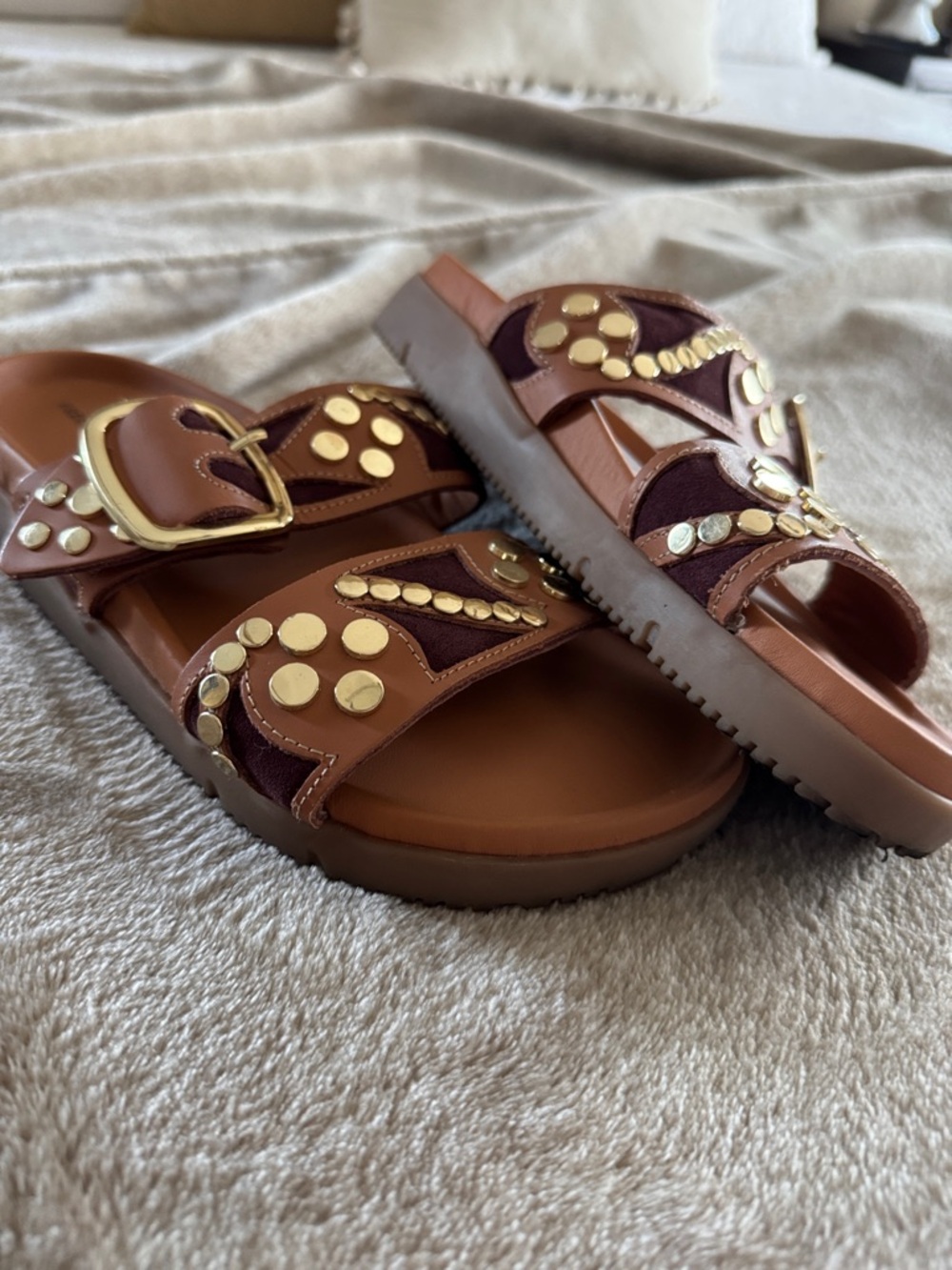 Free People Brown Leather Slide Sandals with Gold Studs - Picture 11 of 11